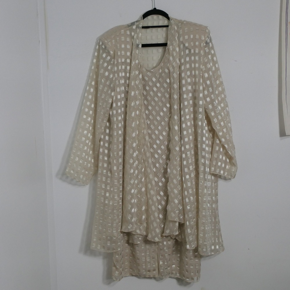 Patra Women Dress & Jacket 18 Cream Gold Geometric Feminine Tiered Sheer Layered